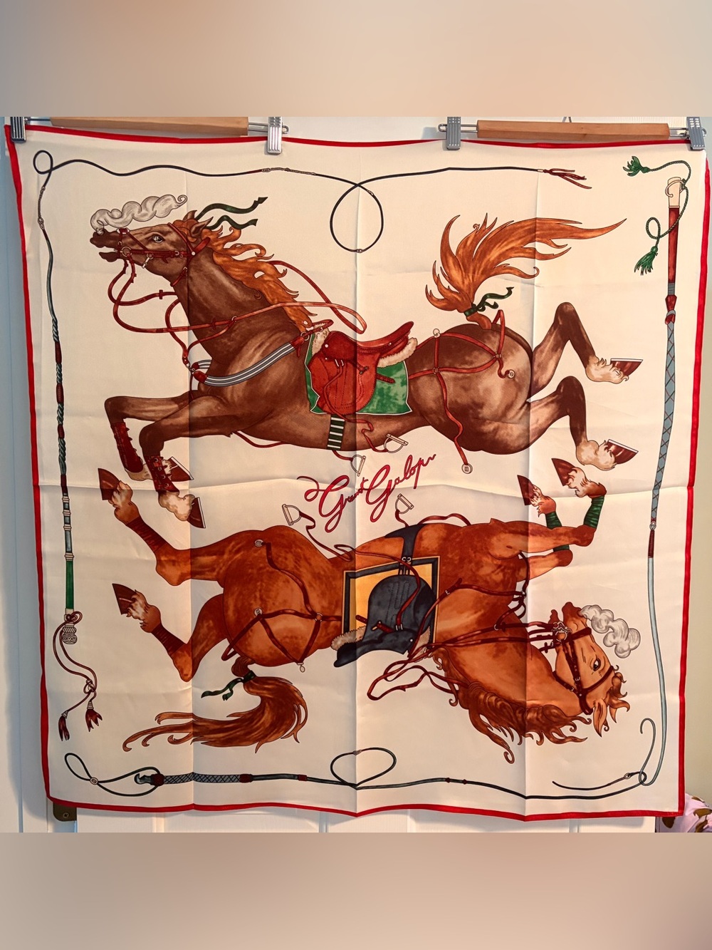 Equestrian Horse Print Silk Scarf in Cream, Brown & Red